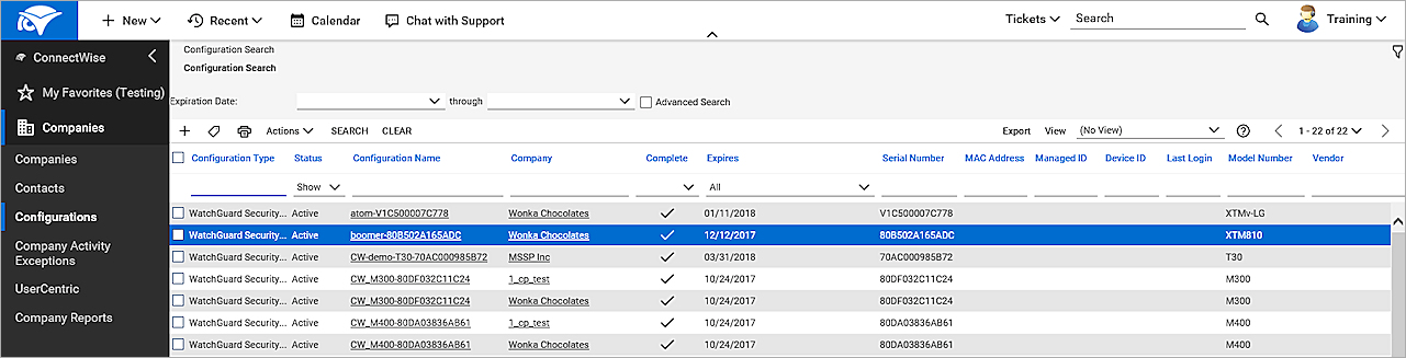 Screen shot of ConnectWise Companies Configurations page