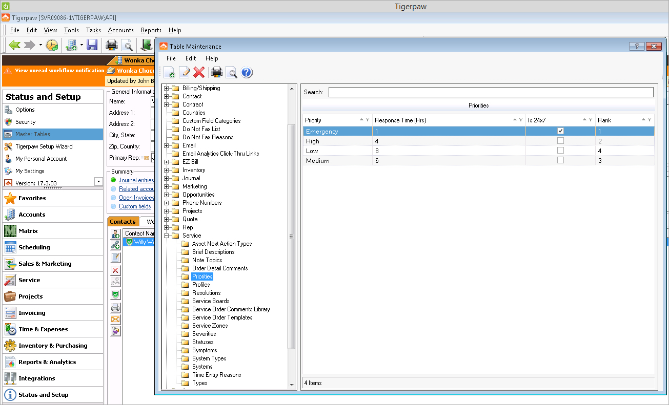 Screen shot of the Tigerpaw Master Tables page with Service Priorities