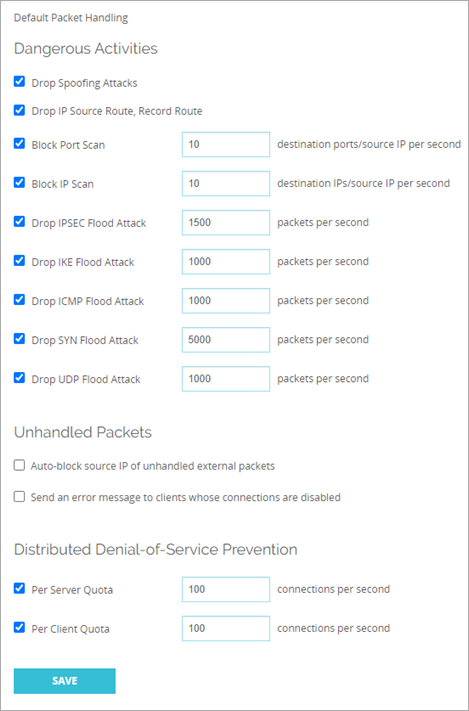 Screen shot of the Default Packet Handling page