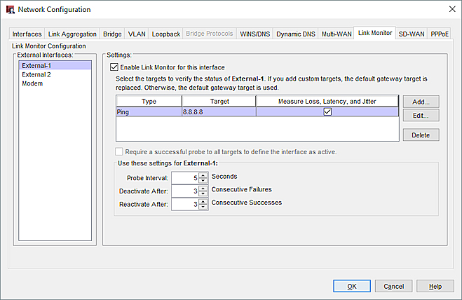 Screen shot of the multi-WAN settings in Policy Manager