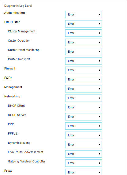 Screen shot of the Diagnostic Log Level page