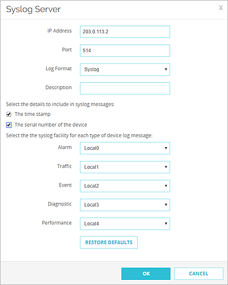 Screen shot of the Syslog Server settings