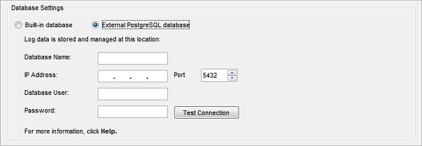 Log Server Database Maintenance tab screen shot (with external database settings)