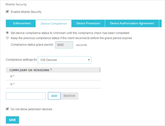 Screen shot of the Device Compliance tab,with iOS compliance settings