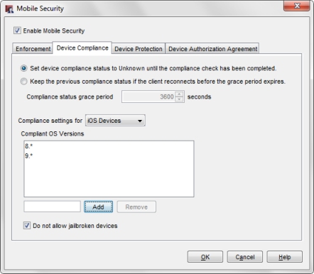 Screen shot of the Device Compliance tab with compliance settings for iOS Devices