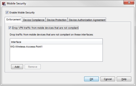 Screen shot of the Mobile Security Enforcement tab with WG-Wireless-Access-Point1 in the Interface list