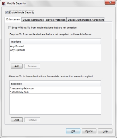 Screen shot of the Mobile Security Enforcement tab with the default exceptions.