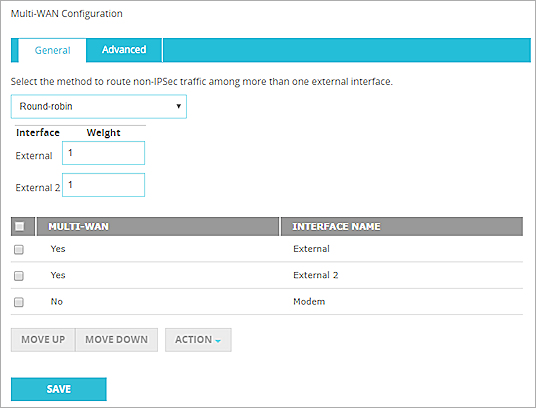 Configuración de multi-WAN, mostrando Operación por Turnos