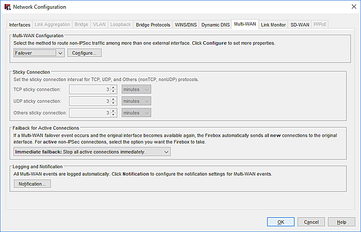 Configuración de Red, seleccionando Conmutación por error para Multi-WAN.