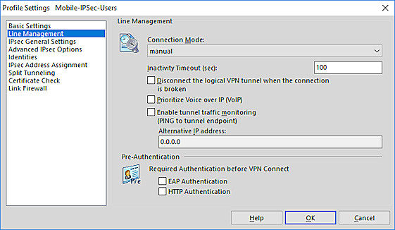 Screen shot of the Profile Settings dialog box, Line Management settings