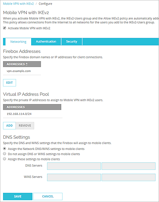 Screen shot of the Mobile VPN with IKEv2 configuration page