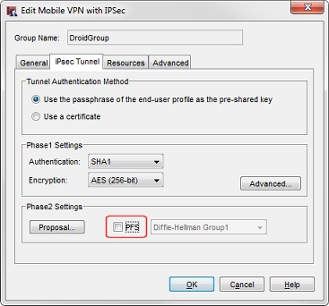 Screen shot of the IPSec Tunnel tab with PFS check box cleared