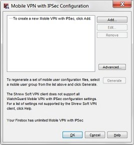 Screen shot of the Mobile VPN with IPSec Configuration dialog box