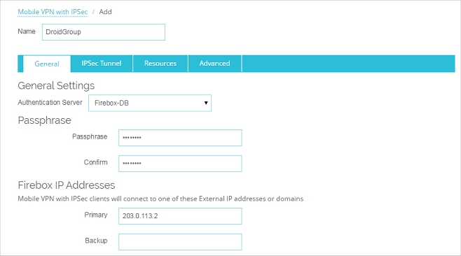 Screen shot of the Mobile VPn with IPSec Settings, General tab