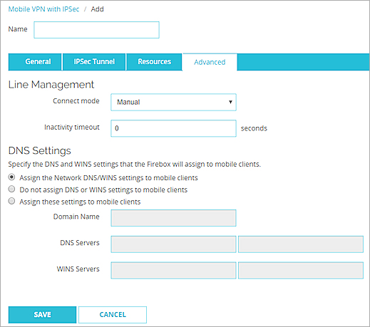 Screen shot of the Mobile VPN with IPSec Settings, Advanced tab