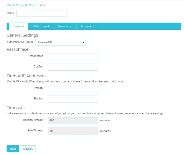 Screen shot of the Mobile VPN with IPSec Settings page, General tab