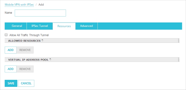 Screen shot of the Mobile VPN with IPSec Settings page, Resources tab