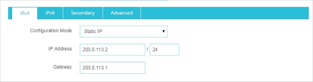 Screen shot of the Interface Configuration - External page with a static IP address