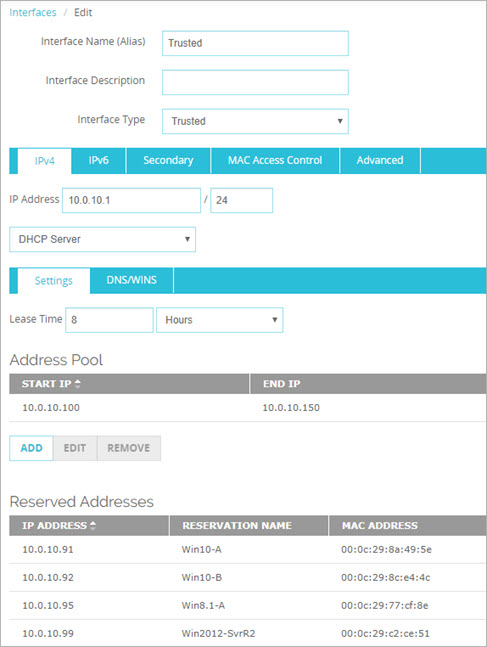 Screen shot of the Reserved Addresses settings