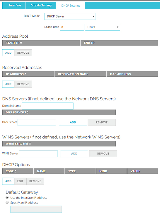 Screen shot of DHCP Settings in Drop-in Mode Properties