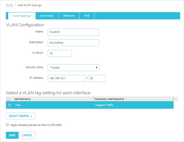 Screenshot of the VLAN dialog box, with the settings completed for VLAN10.