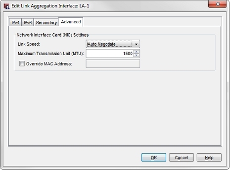 Screen shot of the Edit Link Aggregation Interface dialog box, Advanced tab.