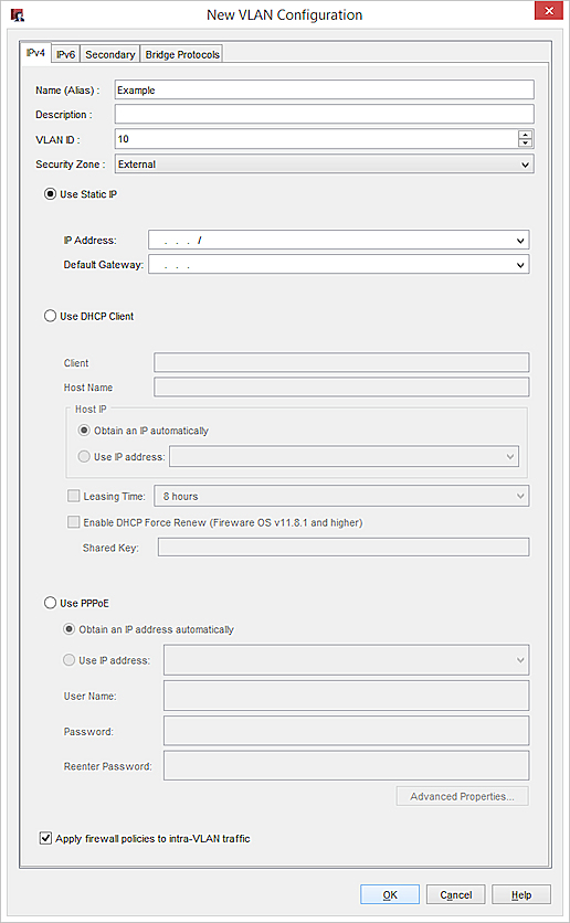 Screen shot of the New VLAN Configuration dialog box