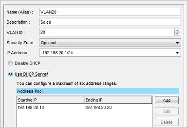 Screenshot of the Network Configuration dialog box, VLAN tab, with a completed configuration for VLAN20.