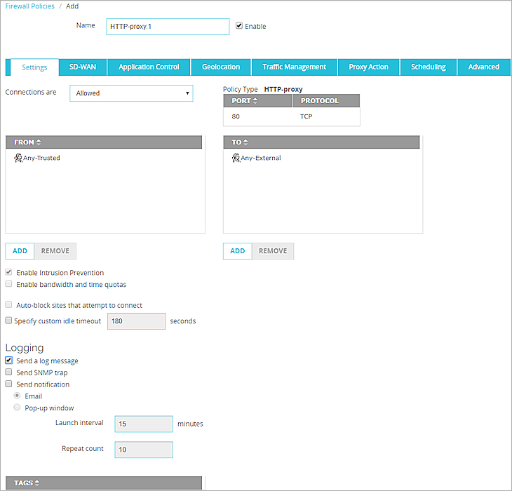 Screen shot of policy properties for a new HTTP-proxy