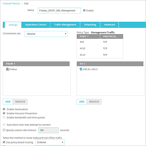 Screen shot of a policy for Firebox-generated traffic