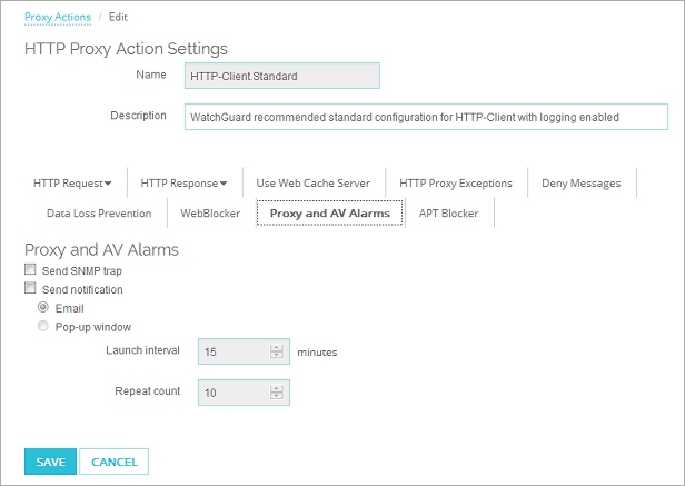 Screen shot of the Proxy and AV Alarms settings in Fireware Web UI