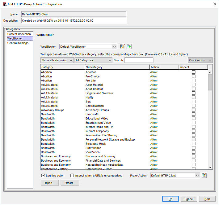 Screen shot of the HTTPS Proxy Action Configuration, WebBlocker category settings in Policy Manager