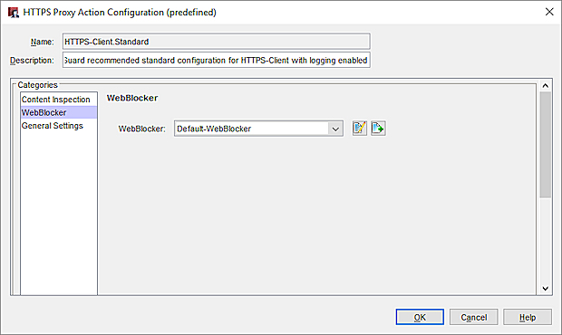 Screen shot of the HTTPS Proxy Action Configuration, WebBlocker settings with content inspection disabled in Policy Manager