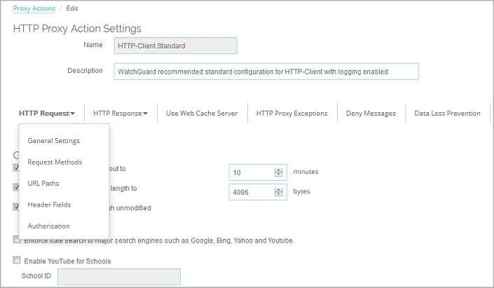 Screen shot of the Edit Proxy Action HTTP Request settings for the HTTP-Client proxy action