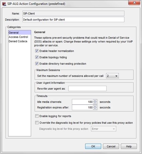 Screen shot of the SIP-ALG Action Configuration dialog box, General settings page