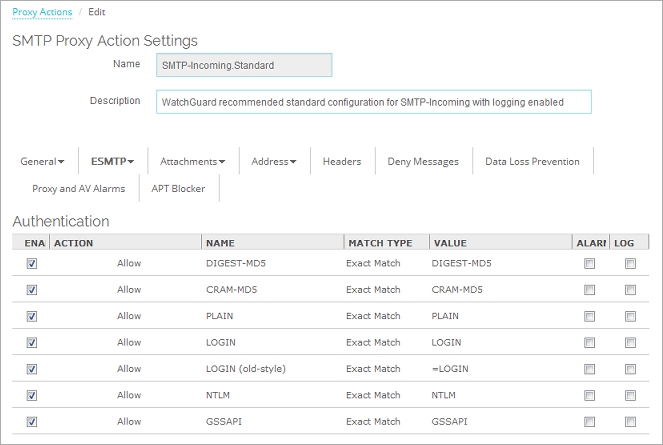 Screen shot of the ESMTP Authentication settings