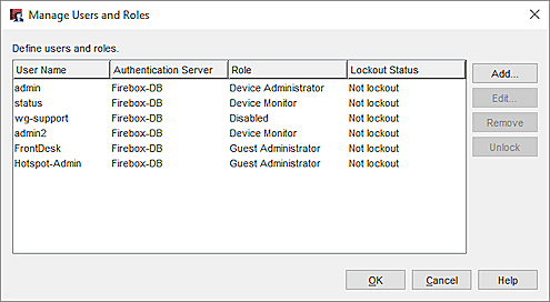 Screen shot of the Manage Users and Roles dialog box