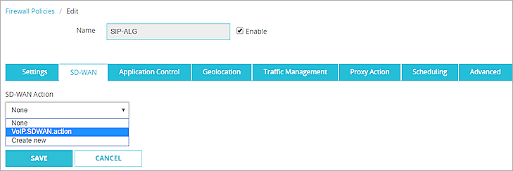 Screen shot of the SD-WAN Action drop-down list