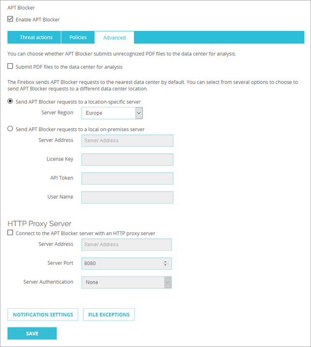 Screenshot of APT Blocker configuration - Advanced tab in Fireware Web UI