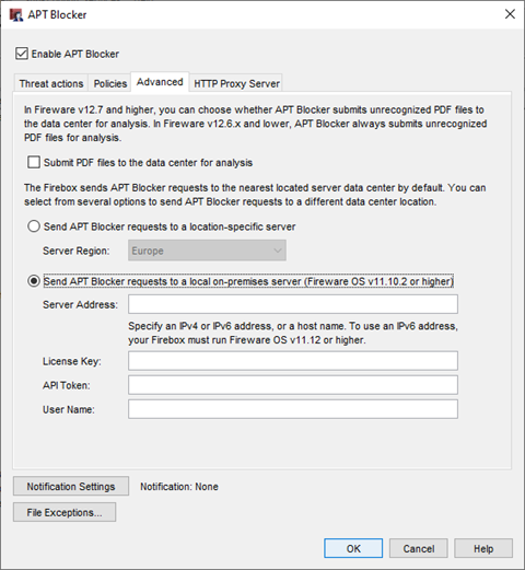 Screenshot of APT Blocker configuration page Advanced tab in Policy Manager