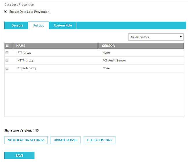 Screen shot of the Data Loss Prevention page, Policies tab