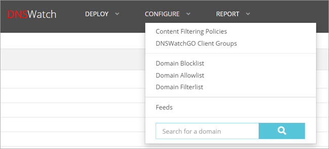 Cuadro de texto de Búsqueda de Dominio en la lista desplegable Configurar