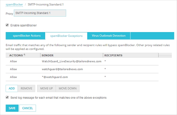 Screen shot of the spamBlocker Exceptions list