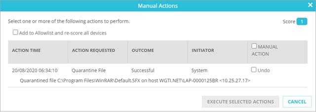 Screen shot of the Machine Guided Actions dialog box for a quarantined file