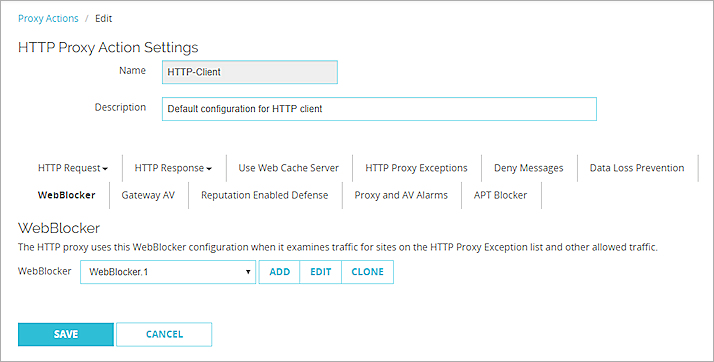 Screenshot of WebBlocker tab in Proxy Action Settings page.