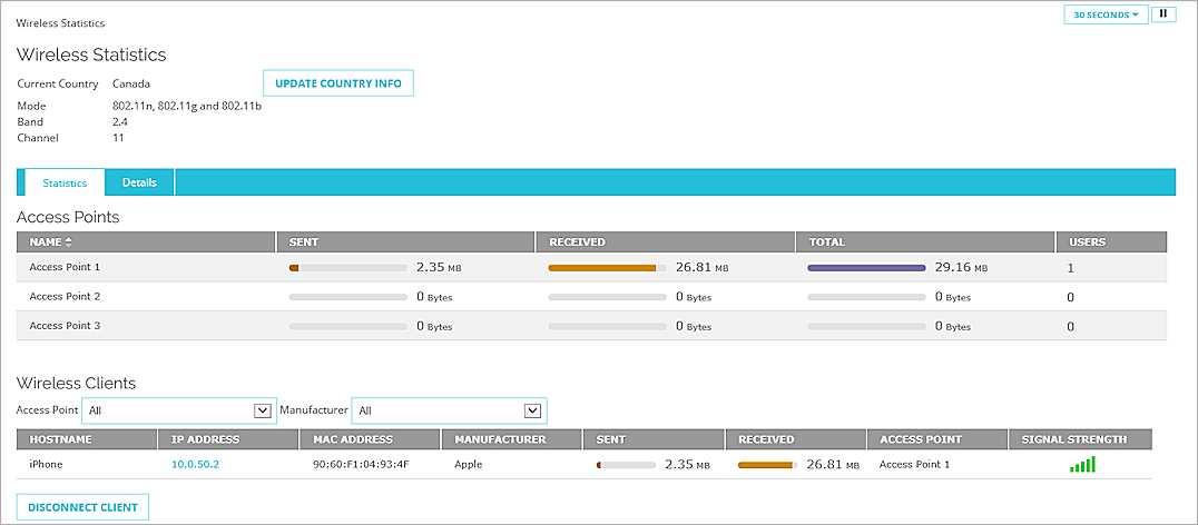 Screen shot of the Wireless Statistics page