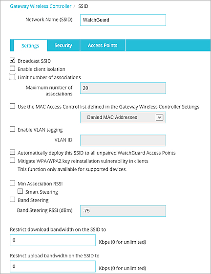 Screen shot of the SSID configuration settings, Settings tab