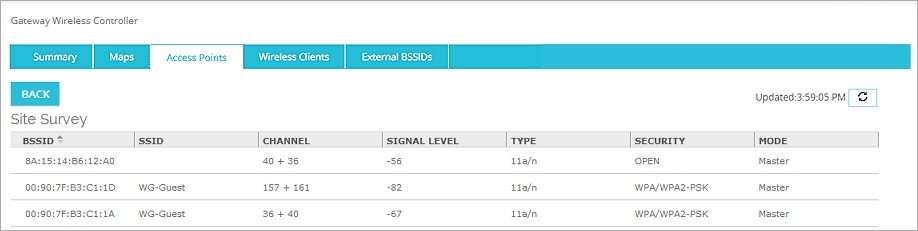 Screen shot of Gateway Wireless Controller, Site Survey results