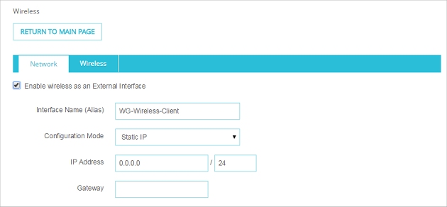 Página de configuración inalámbrica, pestaña Red