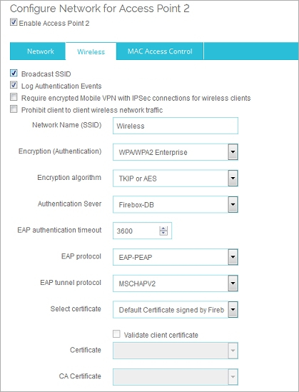 Screen shot of the Wireless tab with Firebox-DB authentication selected